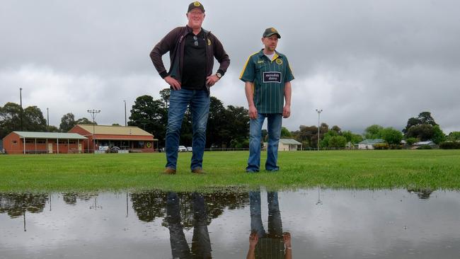 Meredith Cricket Club. Like all GCA the game was called off. Meredith copped 60mm of rain over night. Pictured at the ground are committee member Terry Hart and groundskeeper Damian Brunt. Picture: Mark Wilson