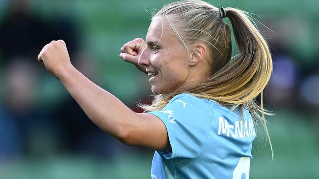 MELBOURNE, AUSTRALIA - NOVEMBER 12: Holly McNamara of Melbourne City celebrates scoring a goal during the A-League Women round four match between Melbourne City and Western Sydney Wanderers at AAMI Park, on November 12, 2023, in Melbourne, Australia. (Photo by Quinn Rooney/Getty Images)