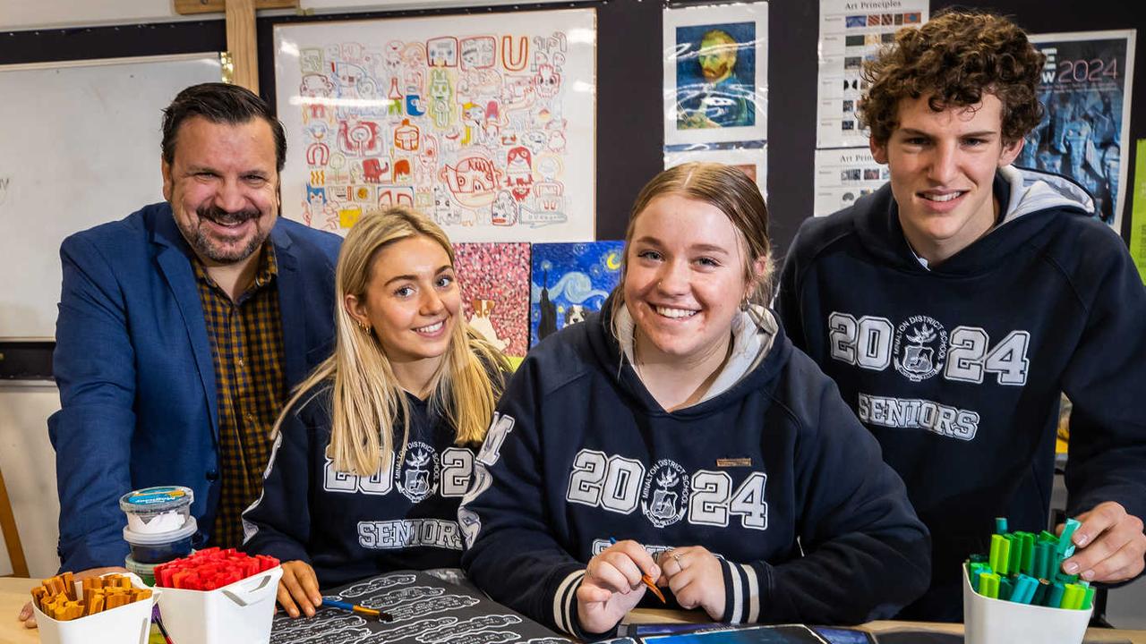 Minlaton District School principal Andrew Dickinson and students Madi-Lee Ryan, Sasha May, and Kalan Modra are happy their school has ranked among the state's top 50 best schools according to Better Education. Picture: Tom Huntley