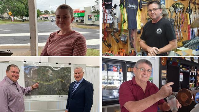 (Top left) Brittany Robinson, manager of Retro Espresso Tiaro, (Top Right) Sioux Archery owner Graham Cash, (Bottom left) MP Llew O'Brien and Deputy PM Michael McCormack with a design for the Tiaro Bypass, (Bottom right) Bill Halliwell owner of the Royal Hotel Tiaro. Photos: Stuart Fast