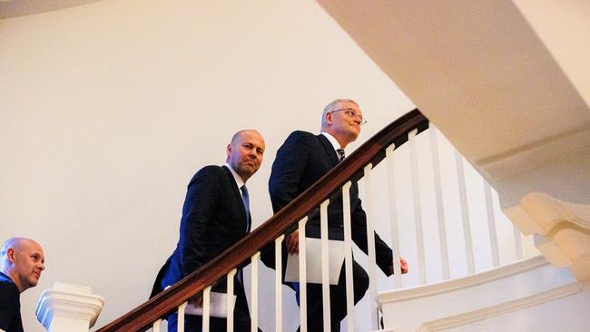 Going up. Prime Minister Scott Morrison with Josh Frydenberg. Picture: Jason Edwards