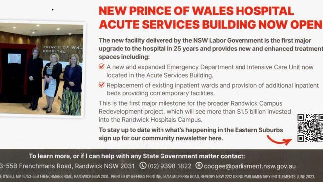 A flyer handed out by Coogee MP Marjorie O'Neill paid for with parliamentary printing entitlements. Source: supplied