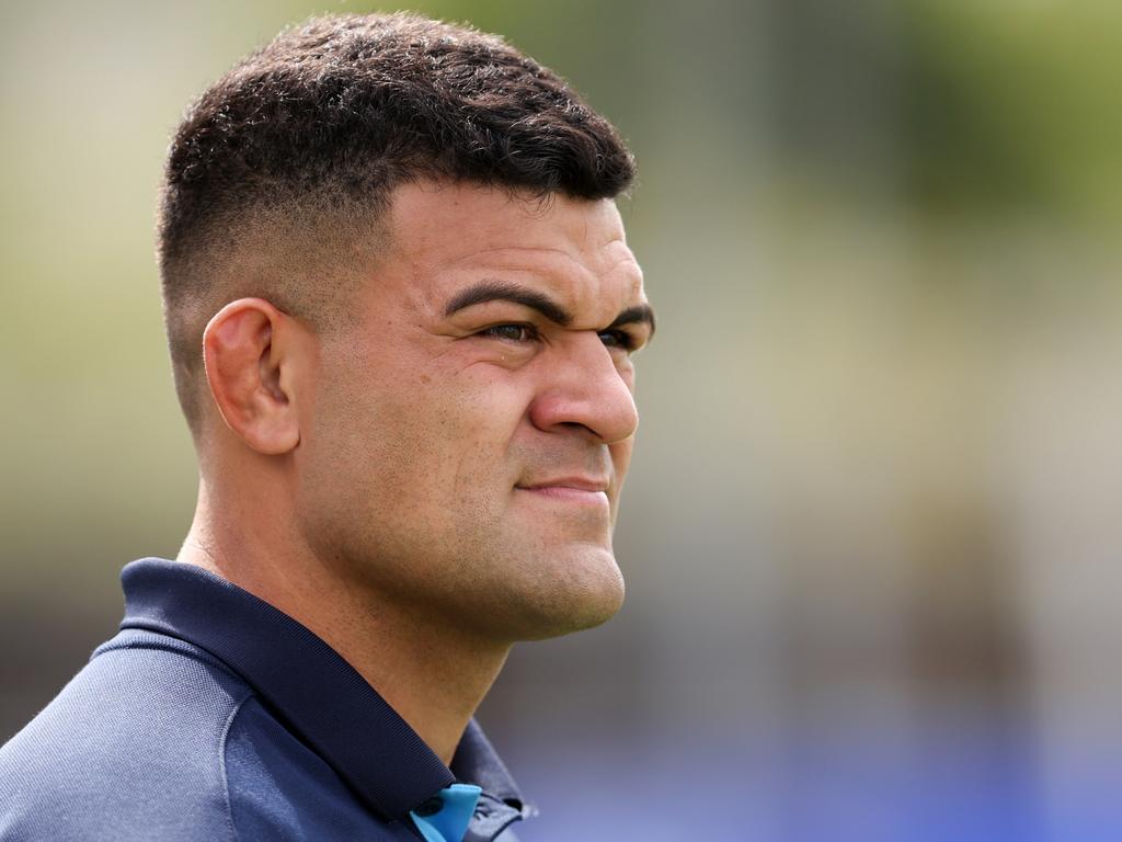 SYDNEY, AUSTRALIA – MARCH 23: David Fifita of the Titans looks on prior to the round three NRL match between Canterbury Bulldogs and Gold Coast Titans at Belmore Sports Ground, on March 23, 2024, in Sydney, Australia. (Photo by Brendon Thorne/Getty Images)