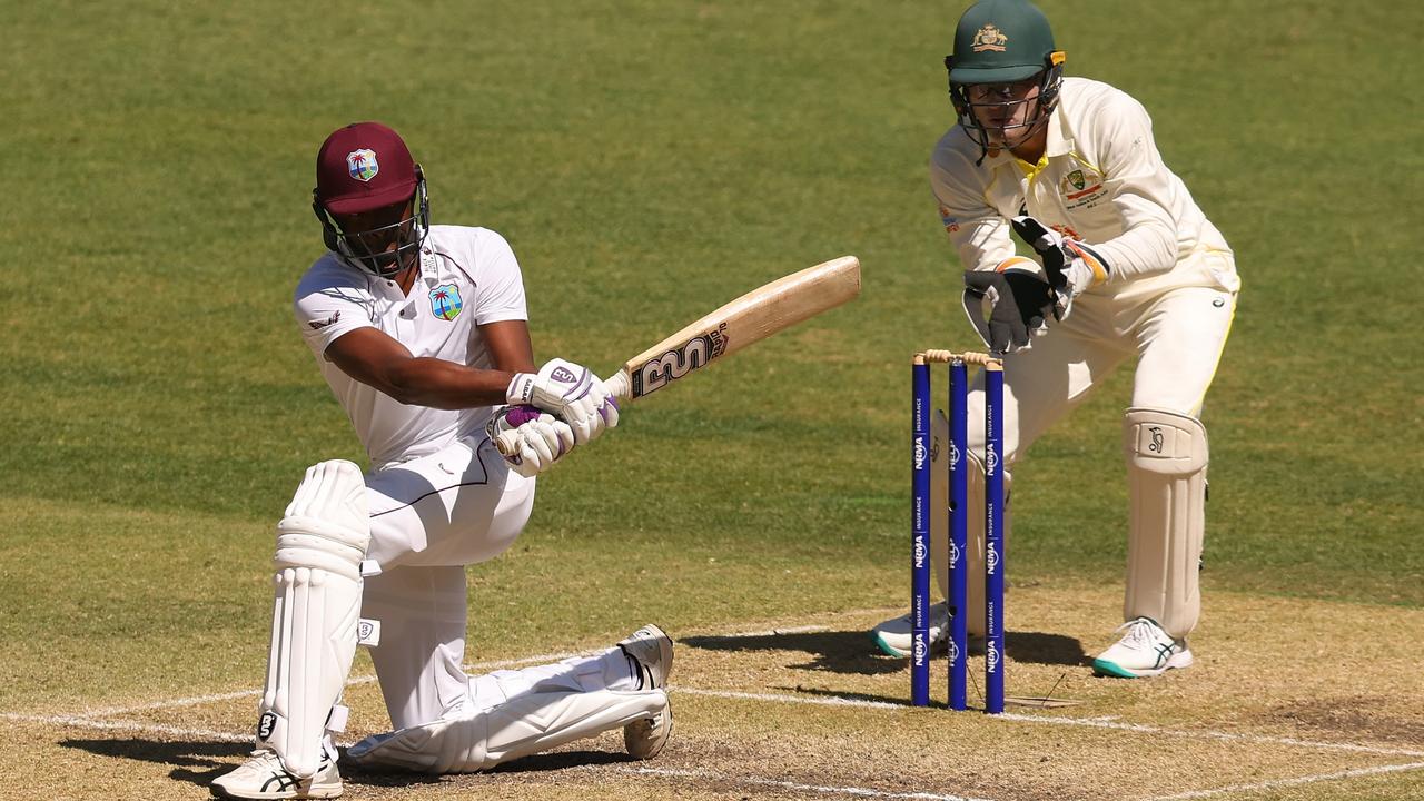 Shamarh Brooks of the West Indies plays a sweep shot during day three of the First Test match between Australia and the West Indies at Optus Stadium on December 02, 2022 in Perth, Australia. (Photo by James Worsfold/Getty Images)