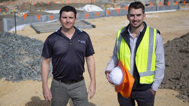 Fiteni Properties development manager Tom Barker and sales and marketing manager Chris Platt at the site of the new Highridge development at Alexandra Hills. Picture: AAP/Sarah Marshall