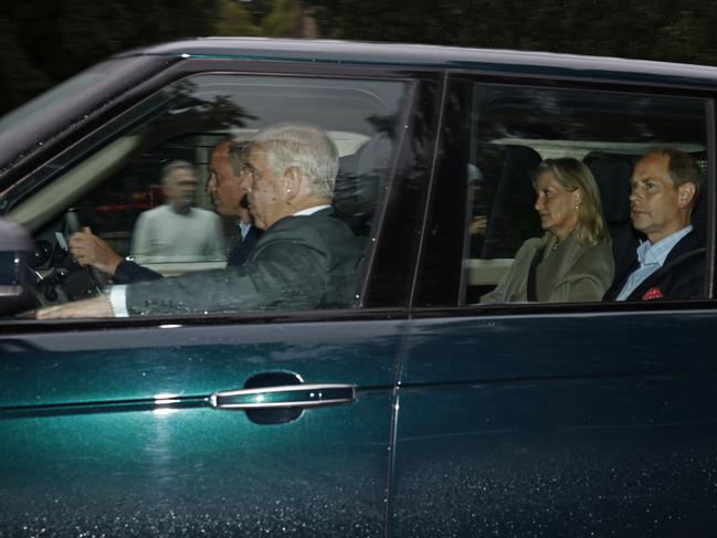 Prince William, Duke of Cambridge, Prince Andrew, Duke of York, Sophie, Countess of Wessex and Edward, Earl of Wessex rush to Balmoral Castle. Picture: Jeff J Mitchell/Getty Images