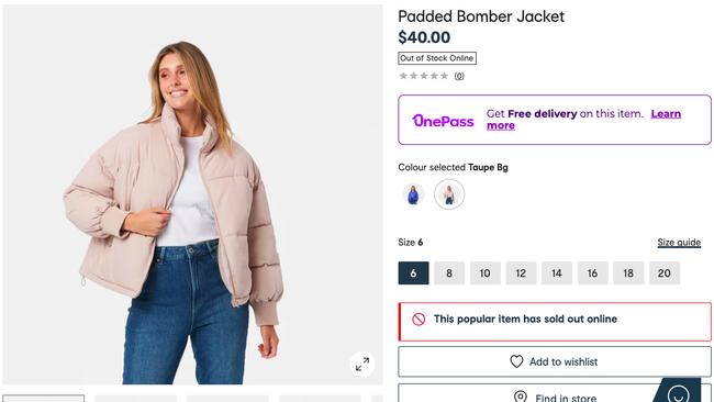 The popular style is sold out in certain sizes but a Kmart spokeswoman encouraged customers to keep an eye out as stock continues to flow through select stores”. Picture: Supplied