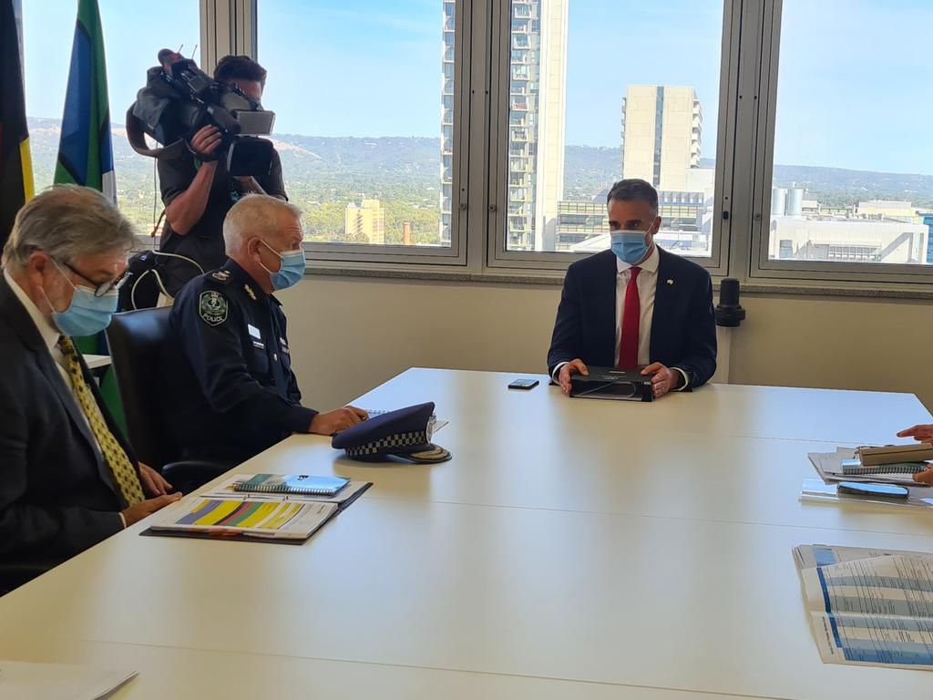 Premier Peter Malinauskas chairs a Covid-19 briefing with former SA Health chief executive officer Chris, McGowan and Police Commissioner Grant Stevens.