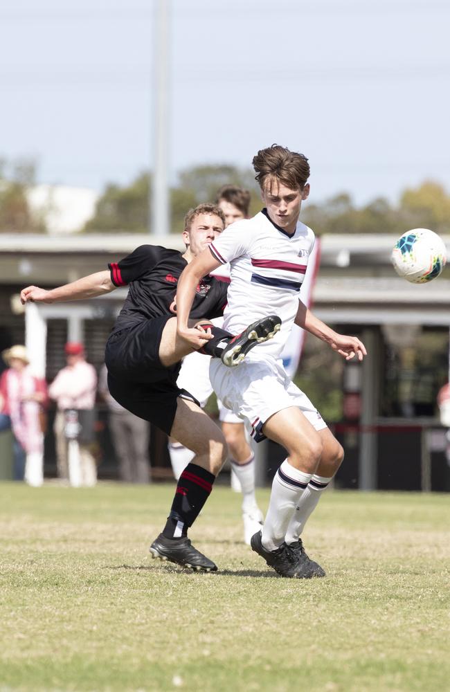 GPS First XI Football. St Joseph's Gregory Terrace vs The Southport School. GT #12 Jaques Wilson and TSS #12 Josh Koloski. 5 September, 2020. Picture: Renae Droop