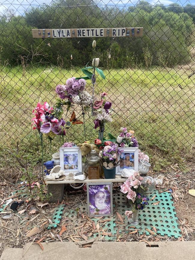 Sue Nowland set up a memorial for her daughter, Lyla Nettle, at the roadside embankment where she died. Picture: Kathryn Bermingham