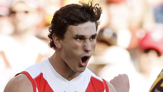 MELBOURNE , AUSTRALIA. April 27, 2024.  AFL...  Hawthorn vs Sydney at the the MCG.   Sydneys Sam Wicks celebrates a 1st quarter goal   . Pic: Michael Klein