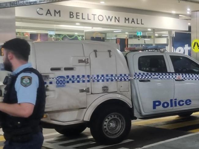 Police tape off Campbelltown mall carpark to investigate potential bomb threat. Picture: Daniel Cope