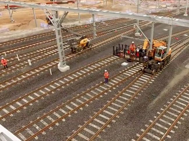 A section of the 9km of track being laid at the Sydney Metro Trains Facility at Rouse Hill.