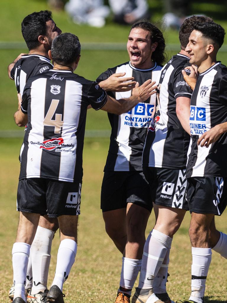 Willowburn celebrate a goal against West Wanderers in U23 men FQ Darling Downs Presidents Cup football at West Wanderers, Sunday, July 24, 2022. Picture: Kevin Farmer