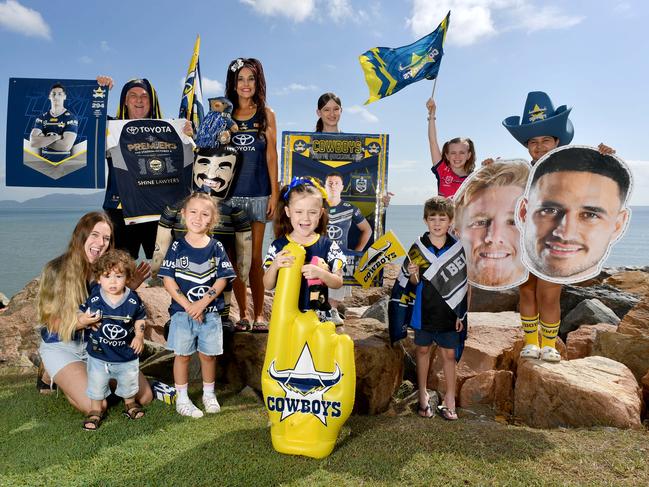 Cowboys fans ready for home final. Melissa Miles with Joseph Munro, 1 and Tia Munro, 5, Darryl Serrurier, Jessica Roncal, Zoey Leach, 6, Sienna Corsaro, 15, Jaxon Wright, 6, Harper Emery, 9, and Maha Ammar, 9. Picture: Evan Morgan