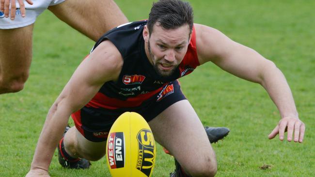 Ex-West Adelaide star Daniel Caire, pictured playing for West Adelaide last season, was sent off on debut for Unley Mercedes Jets. Picture: AAP/Brenton Edwards.