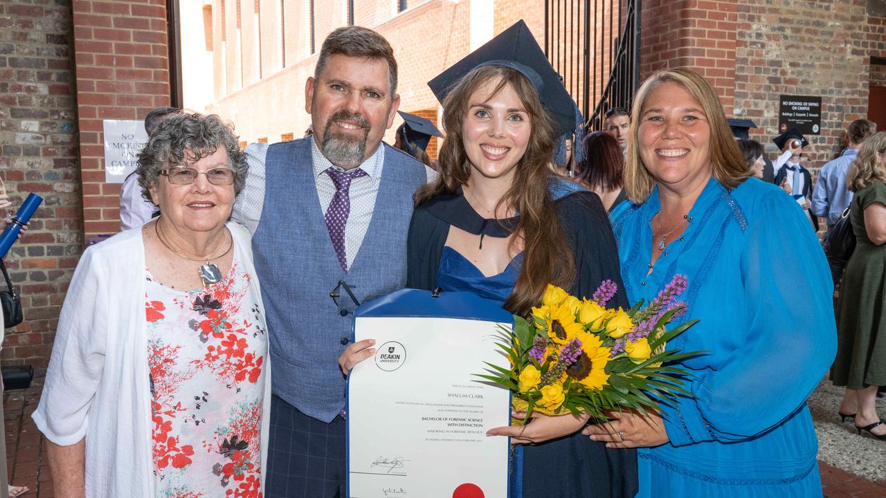 Margaret Clark, Gavin Clark, Shalum Clark and Kristie Clark at Deakin University’s environmental science graduation. Picture: Brad Fleet