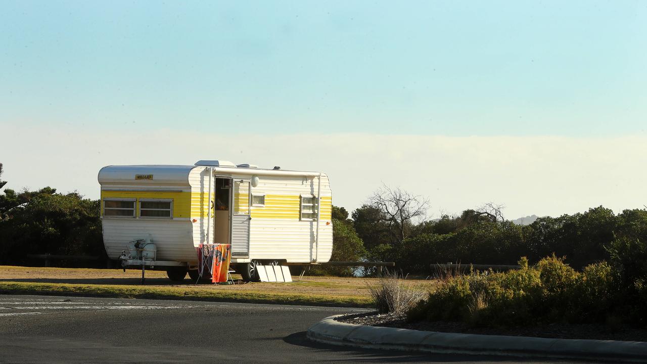 WTF A caravan parked on the grassed area near Cosy Corner Torquay has prime position at the right price. Picture: Alison Wynd