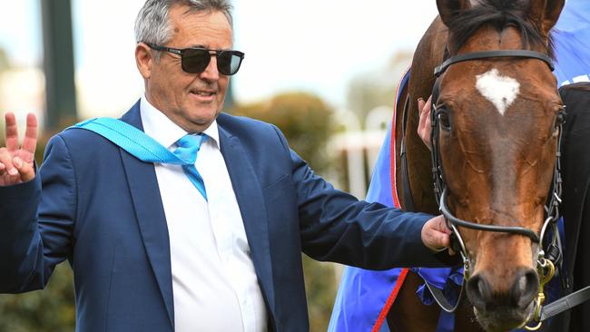 Lindsey Smith with Black Heart Bart after his Underwood Stakes win. Picture: AAP