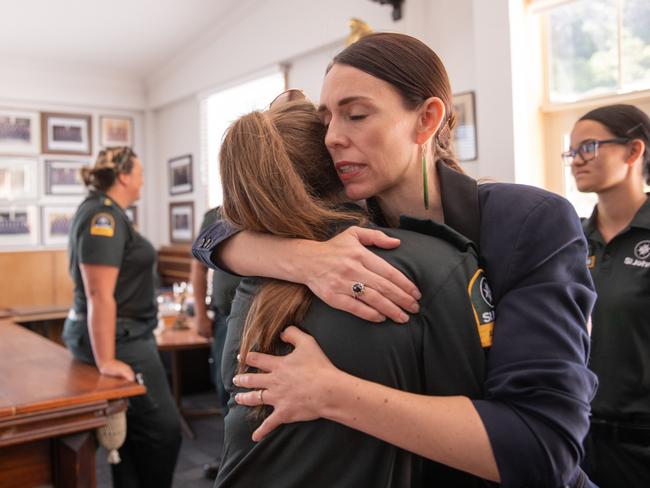 Prime Minister Jacinda Ardern meeting first responders of the White Island volcanic eruption. Picture: NZ Herald