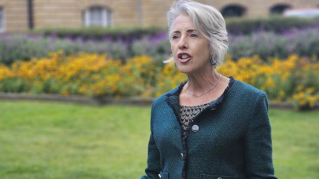 Greens leader Rosalie Woodruff speaks to the media on Parliament Lawns in Hobart on Monday, March 25, 2024.