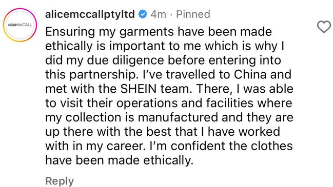 In a since-deleted comment on Instagram, Ms McCall insisted she 'did [her] due diligence' before entering into the collaboration. Picture: Instagram