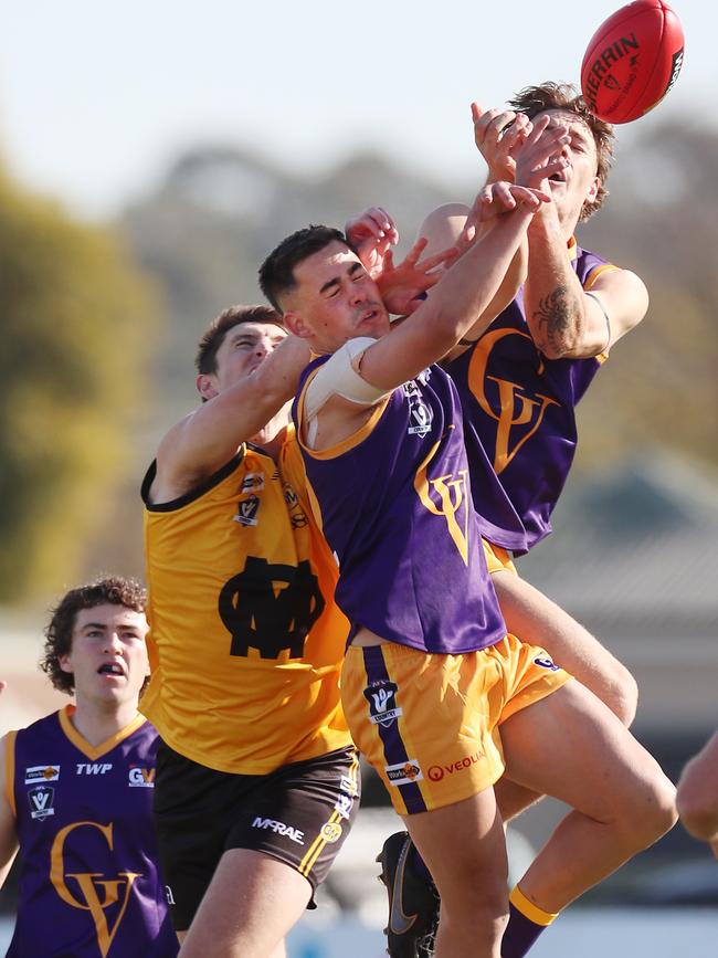 Goulburn Valley pair Bryce Stephenson and Max Clohesy clash. Picture Yuri Kouzmin