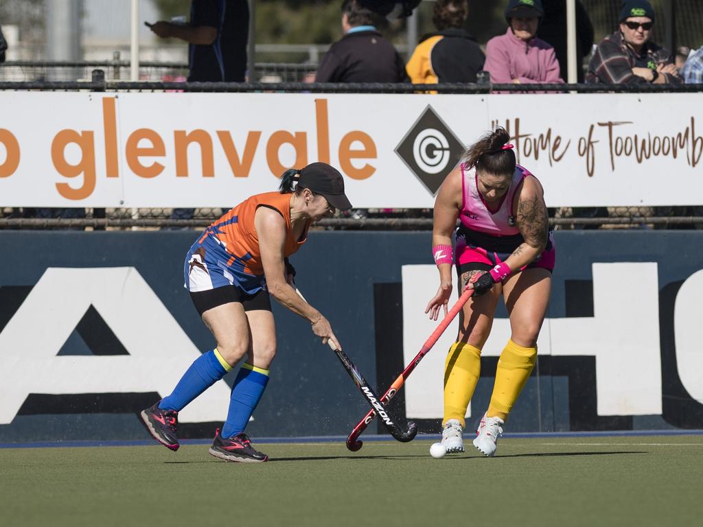 Nerida Hadfield (left) of Maryborough 1 and Amy Siebenhausen of Toowoomba 2.