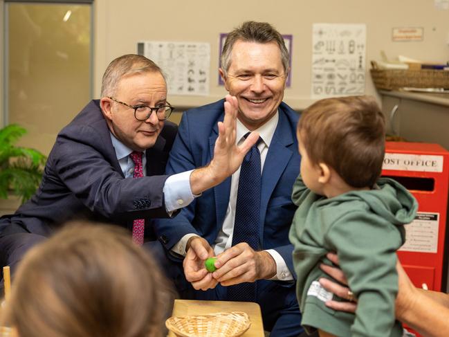 CANBERRA, AUSTRALIA - NewsWire Photos MARCH 23, 2023:  Prime Minister Anthony Albanese with Alexander Hawkes, 2 years old and Elyse Garth, 4 years old. Prime Minister Anthony Albanese with Ministers Jason Clare and Kristy McBain at a child care centre in Queanbeyan, NSW. Picture: NewsWire / Gary Ramage