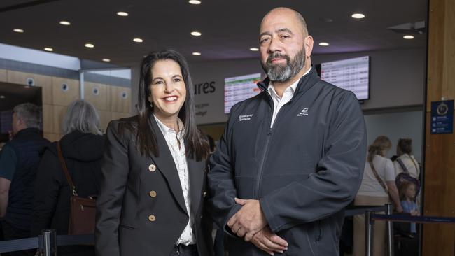 Hobart Airport and Biosecurity Tasmania – Jane Howlett Minister of Primary Industry and Water with Justin Helmich Director of Biosecurity Operations. Picture: Caroline Tan