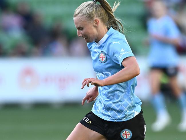 MELBOURNE, AUSTRALIA - NOVEMBER 12: Holly McNamara of Melbourne City controls the ball during the A-League Women round four match between Melbourne City and Western Sydney Wanderers at AAMI Park, on November 12, 2023, in Melbourne, Australia. (Photo by Quinn Rooney/Getty Images)