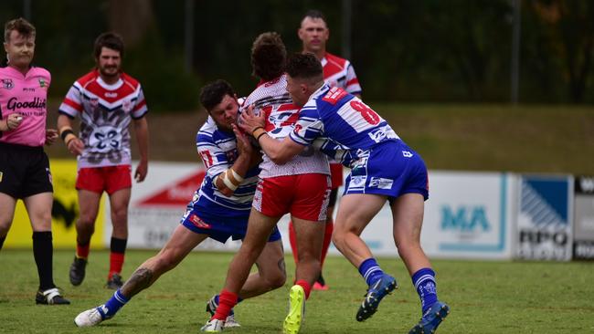 Brothers tacklers stop the Rosewood run in the Rugby League Ipswich Reserve Grade qualifying final at the North Ipswich Reserve. Picture: Bruce Clayton