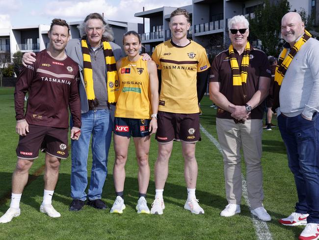 Past and present Hawthorn captains Sam Mitchell, Michael Tuck, Emily Bates, James Sicily, Gary Ayres and Jason Dunstall. Picture: Michael Klein