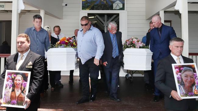 Funeral for Susan Zimmer and Steffanie Zimmer at Mudgeeraba Showgrounds on the Gold Coast. Family and friends at the ceremony watch the coffins taken from the hall. Picture Glenn Hampson