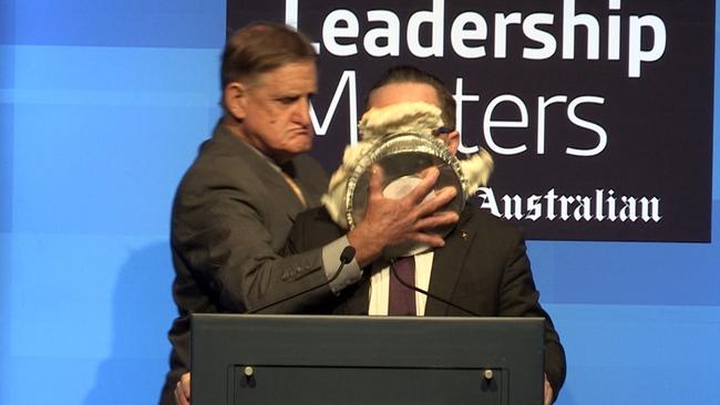 Qantas CEO Alan Joyce attacked with a cream pie at a West Leadership Matters breakfast in Perth. Picture The West Australian
