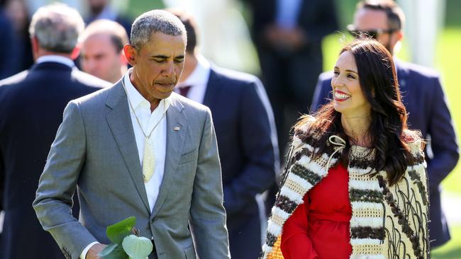 AUCKLAND, NEW ZEALAND - MARCH 22:  Barack Obama attends a powhiri with New Zealand Prime Minister Jacinda Ardern at Government House on March 22, 2018 in Auckland, New Zealand. It is the former US president's first visit to New Zealand, where he will be giving a a series of talks. Obama will also meet New Zealand prime minister Jacinda Ardern and former PM John Key during his visit.  (Photo by Pool/Getty Images)