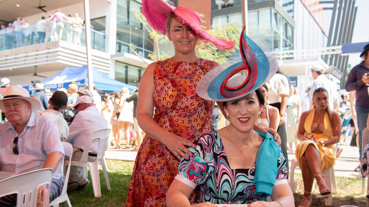 Sally Martin and Beck Maddocks at the 2024 Darwin Cup Carnival Fashions on Field. Picture: Pema Tamang Pakhrin