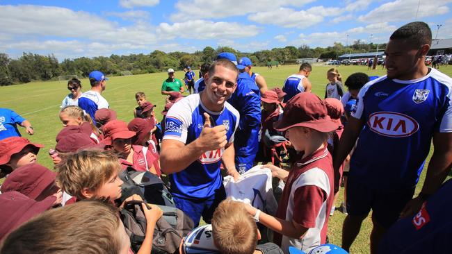 Canterbury Bulldogs training at Tarthra which was ravaged by bushfires. The local primary school has been given the day off to watch them train ahead of their trial match in Bega on Saturday. Picture John Ford. . 