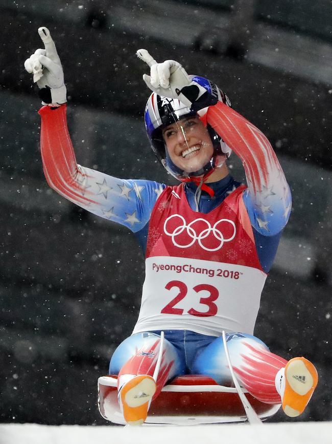 Emily Sweeney of the United States brakes after her third run during the women’s luge final at the 2018 Winter Olympics in Pyeongchang, South Korea, Tuesday, Feb. 13, 2018. Picture: AP
