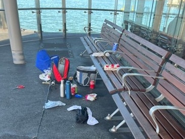 Rubbish and fishing gear is left strewn across a Sydney Harbour fishing wharf in December. Picture: NSW DPI Fisheries