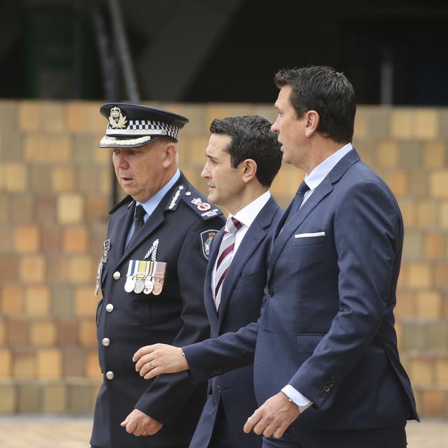 Queensland Premier David Crisafulli and Acting Commissioner David Chelepy among mourners at the memorial service to celebrate the life of Ipswich Police Inspector Jay Notaro, who disappeared from a northern News South Wales beach in March. Picture: NewsWire/ Glenn Campbell