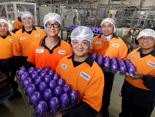 11/12/2019 Emilio Napoli and his nephew Bruno Mafrici with Brothers Tuan Truong and Vinh Truong , also Cousins Paul Arboleda and Pol Arboleda at the Cadbury factory in Ringwood Victoria. Picture: David Geraghty, The Australian.