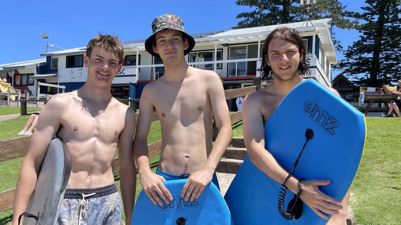 Max smith, 18, Alexis Langlois-Peters, 18, and Ryan Hatchuel, 18, at Byron Bay Schoolies celebrations. Picture: Sam Stolz