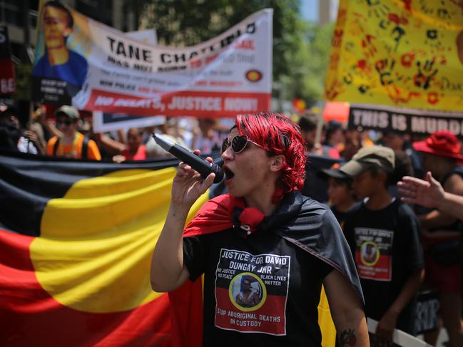 Protestors participate in an Invasion Day rally in Sydney, Sunday, January 26, 2020. (AAP Image/Steven Saphore) NO ARCHIVING