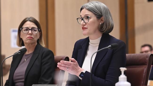 Coles government and industry relations manager Vicki Bon (left) and CEO Leah Weckert appear before the Senate Select Committee on Supermarket Prices at Parliament House in Canberra. Picture: NCA NewsWire / Martin Ollman