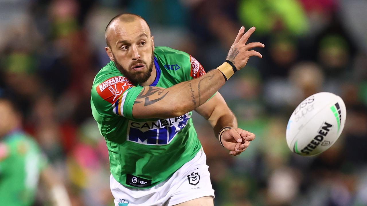 CANBERRA, AUSTRALIA - JUNE 12: Josh Hodgson of the Raiders passes during the round 14 NRL match between the Canberra Raiders and the Brisbane Broncos at GIO Stadium, on June 12, 2021, in Canberra, Australia. (Photo by Mark Nolan/Getty Images)