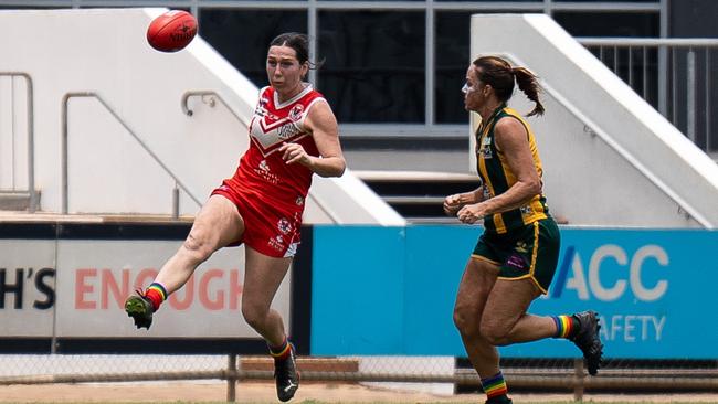 New Waratah recruit Nikki Watts (red kit) kicked a whopping eight goals in Round 9 of the NTFL. Picture: Jack Riddiford / AFLNT Media.