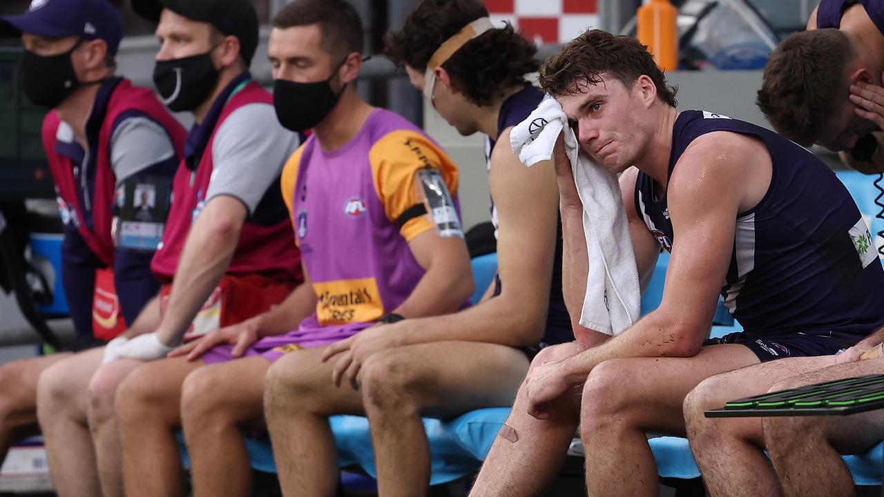 Blake Acres looks shattered after a suspected hamstring injury.