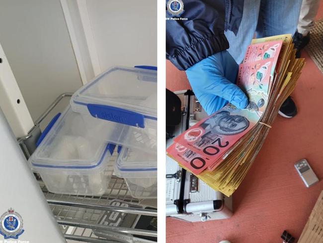 NSW Police images of cash and drugs seized as part of Strike Force Harle raids across the Central Coast in 2020.