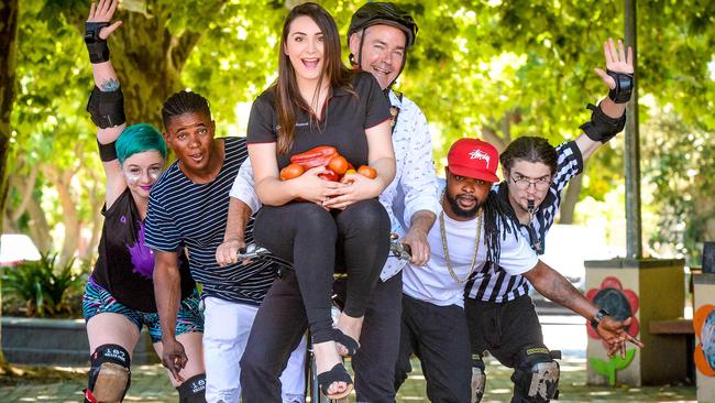 Shelley Spiker, Mark Doe, Maria Carpentieri, Mayor David O’Loughlin, Aldeenand and Christopher McWhirter-Whitlock are gearing up for the Touriffic Prospect Street Party. Picture: AAP/Roy VanDerVegt